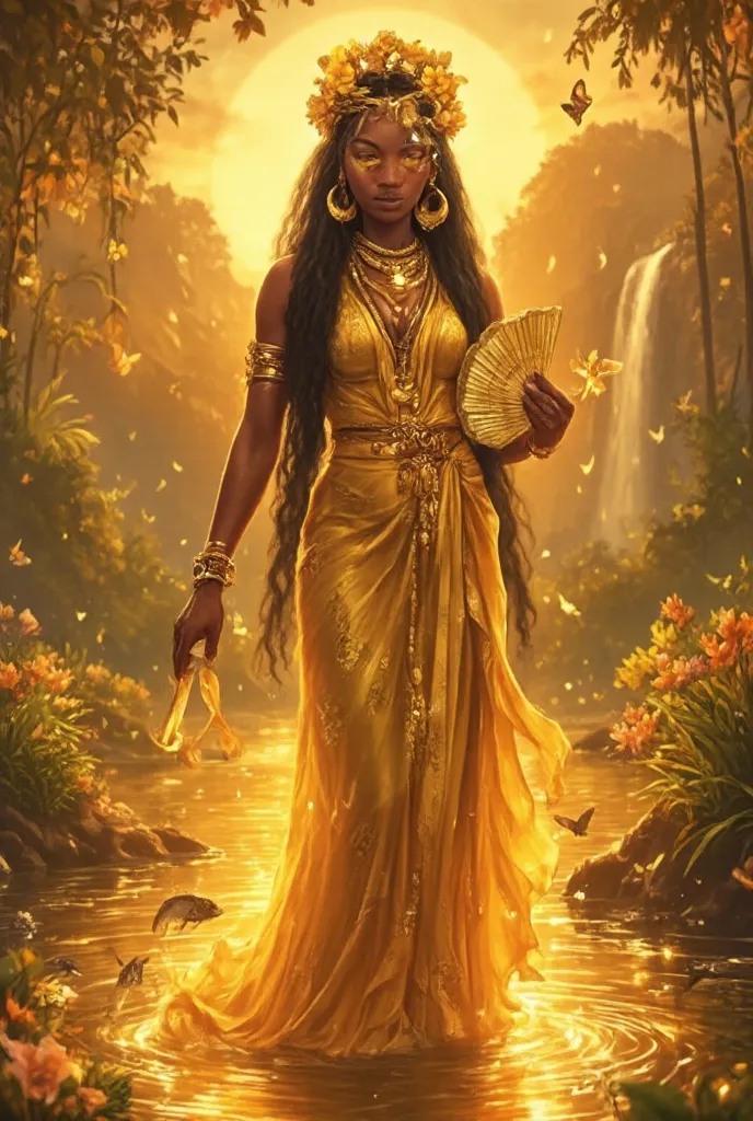 A breathtaking and ethereal depiction of Oshún, the Yoruba Orisha of love, beauty, fertility, and rivers, standing gracefully by the waters of a golden river at sunset. Her presence is radiant and enchanting, exuding divine femininity and sensual power. He...