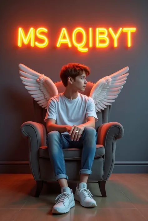 1- Create a 3D illusion for a profile picture where a  cute boy in a white shirt Sitting casually on a Wingback chair. Wearing sneakers, he looks ahead. The background features "MS AQIBYT
 " in big and capital Orange neon light fonts on the dark grey wall....