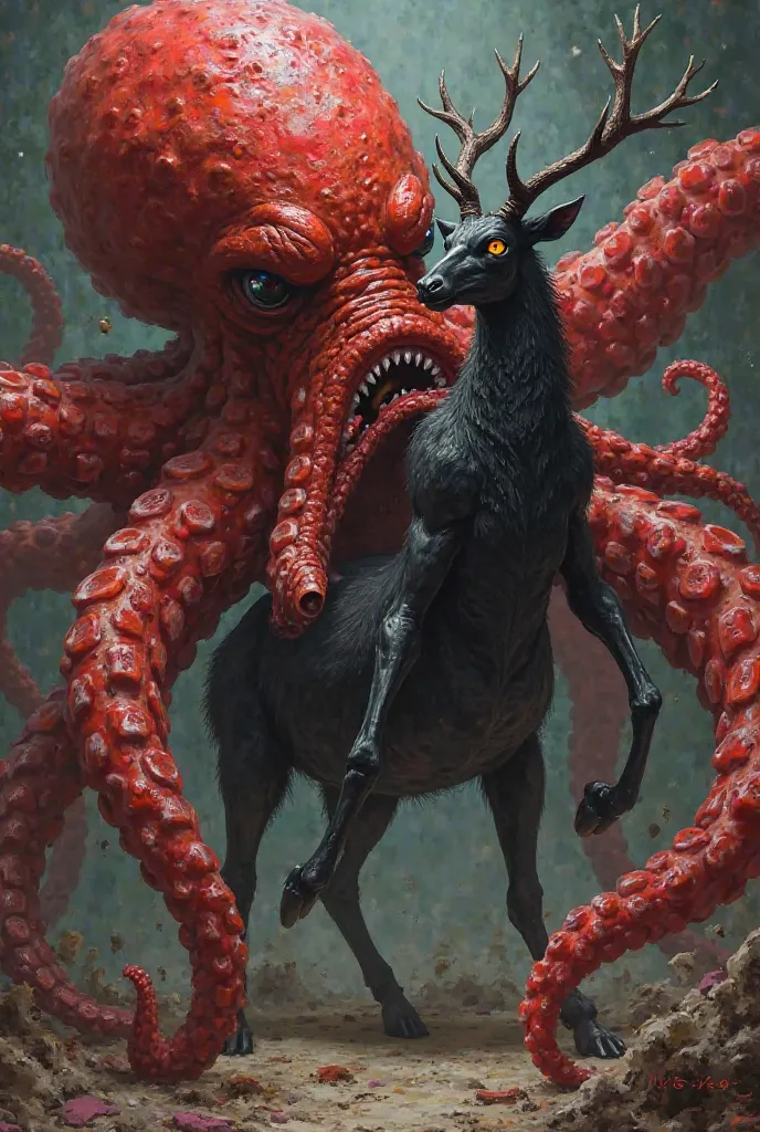 An anthropomorphic black deer with golden eyes without clothes with small horns hits the tentacles of a large red octopus which inserts a large tentacle into its anal sex