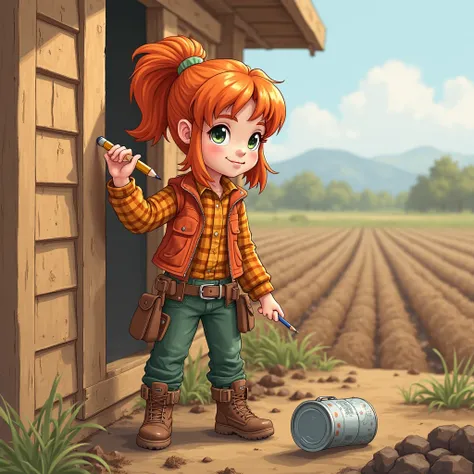 Girl with shoulder length orange hair with a pony tail,pencil being held by her right ear. wearing a orange vest jacket with a plaid orange shirt underneath, green sturdy pants,brown work boots, utility tool belt, hammering a nail on the side of a house, s...