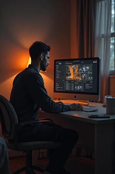 a man accessing a black and orange website on the computer in the bedroom and with toilet paper on the table