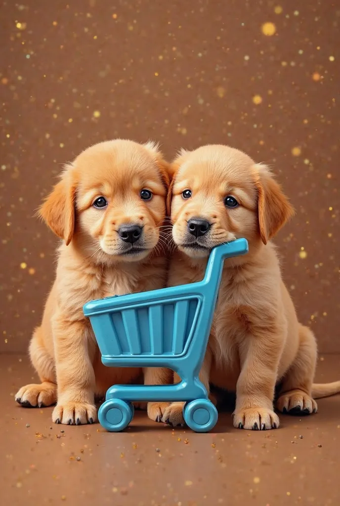 Create label with blue play cart and dark brown and gold puppies
