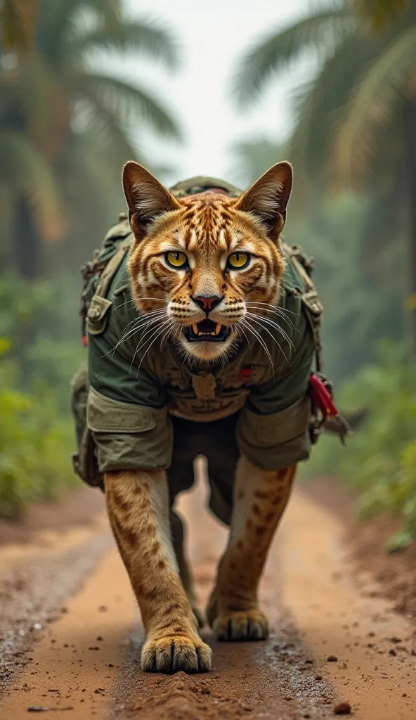 a wild cat dressed in a Congolese army uniform is walking on the side of the road