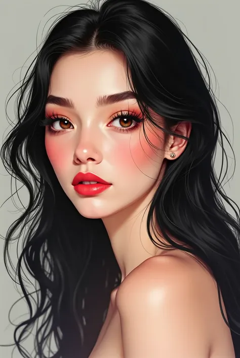 26 year old woman, black hair, brown eyes, Using delicate, gloss on the mouth white resin teeth, smiley white, big lip, big eyelashes, eyebrow made, rosy cheekbone, thin face and neck, ultra realistic image, High resolution,  lipstick best illustration, 8k