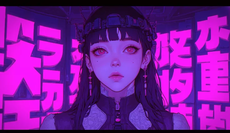 TOP QUALITY　Ultra delicate　 Japanese Anime Anime　 one pretty girl　　Strong shadows 　Pink light　purple scenery　contrast after screen action 　サイバーpunk　punk