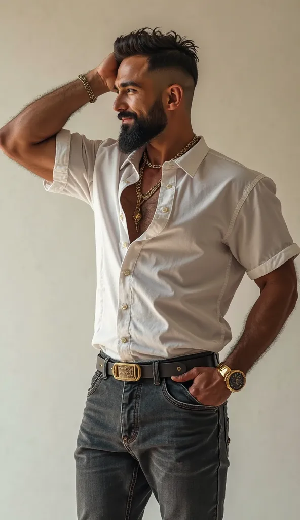 Realistic hombre austriaco guapo spectacular fornido fisicoculturista en apretados jeans oscuros con estoperoles,  Strong and muscular legs, big bump , with shirt fashion 8k masterpiece ultra realistic high detail 8k big belt buckle funny smiling with gold...