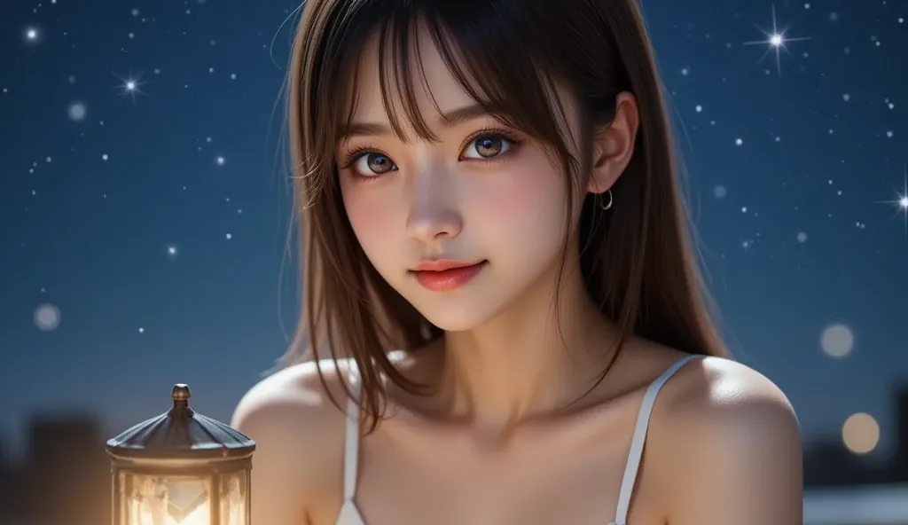 A close-up portrait of a beautiful and sexy Vietnamese woman, full portrait of girl, sitting under a starry night sky. Her dress is simple yet elegant, hugging her figure perfectly. Her skin glows softly under the light of frozen teardrop stars. A small la...