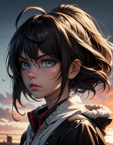 18 year old girl, Her hair is short brown, Her skin is white, his eyes are red, His expression is serious and cold, Digital illustration of video game characters 