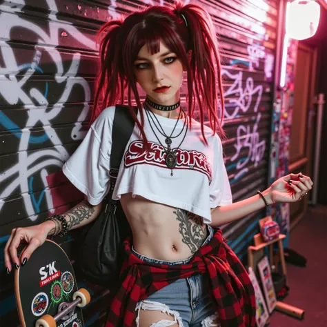 Young woman with extremely long vibrant and wavy cherry red hair, cherry red hair, blood red hair, wavy hair, extremely long hair, extremely long cherry red hair, long hair posing wearing a baggy white crop top that reads "bite me" in a unique gothic cursi...