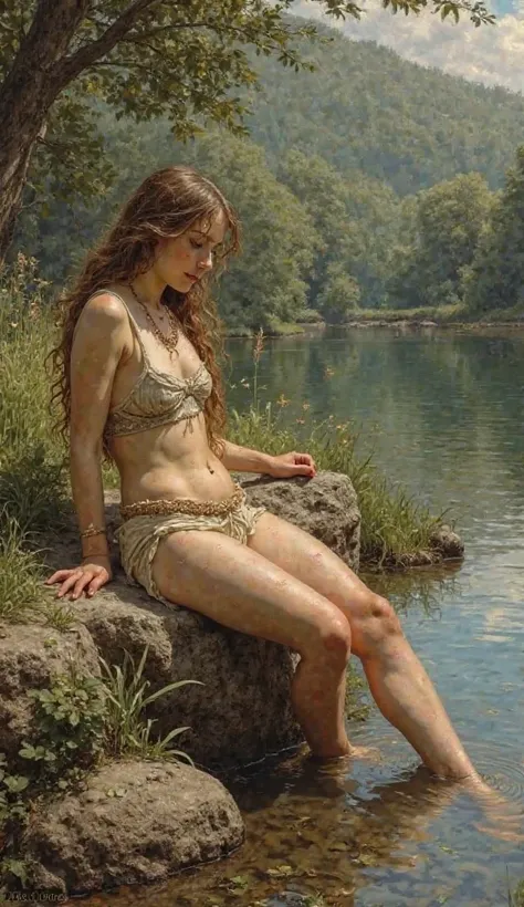 Greek ancient painting girl laying side the river