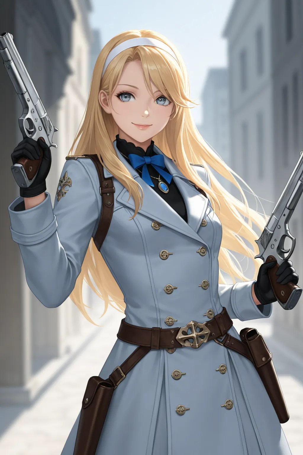 1girl, general, reanbell, end of eternity, solo, blonde hair, long hair, white hairband, bangs, grey blue eyes, smile, lips, coat dress, necklace, blue bow, black gloves, holster, holding gun, weapon, dual wielding, masterpiece, best quality, good quality,...