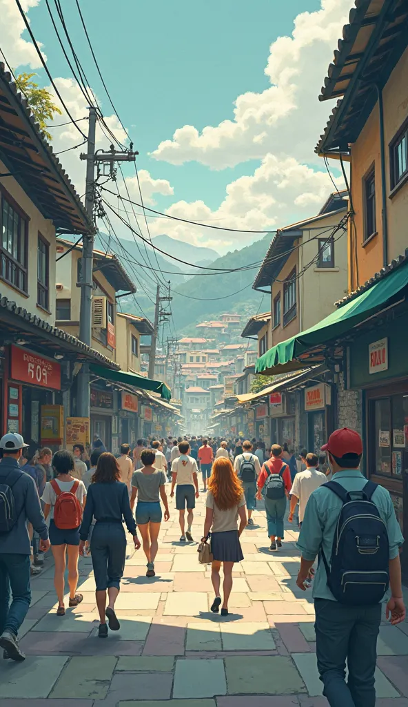 Một thị trấn nhỏ, đường phố tấp nập người qua lại A tense 2D animation style scene with natural colors fading, flat design, vibrant contrast, ominous mood, no 3D effects, no realistic textures."