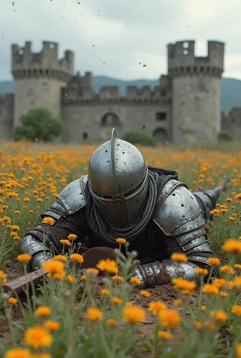 Create a realistic image of a medieval soldier in armor and wearing a fully enclosed helmet, lying on a flowery field with your belly down, as if you were dragging yourself, With the armor full of mud and the sword thrown away Many delicate and colorful fl...