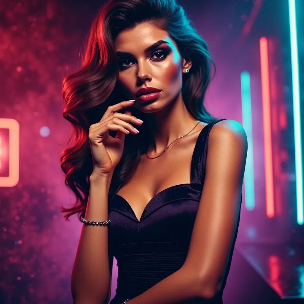 A realistic image of a confident woman standing on a bustling city street at night. She has long, wavy hair cascading over her shoulders, glossy lips slightly parted, and smoky eye makeup. She wears a sleek, form-fitting dress with a deep neckline, exuding...