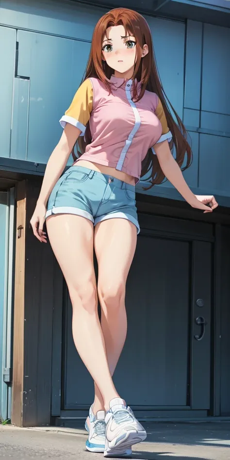    1 female, high definition, high resolution,      ultra-realistic      ,8K, serenidaddm   ,    long hair,   Brown hair,       pink shirt   , blue shorts,    gray eyes,   big breasts,   blue sneakers   ,  big breasts,European,sexy,  Primer plano de la par...