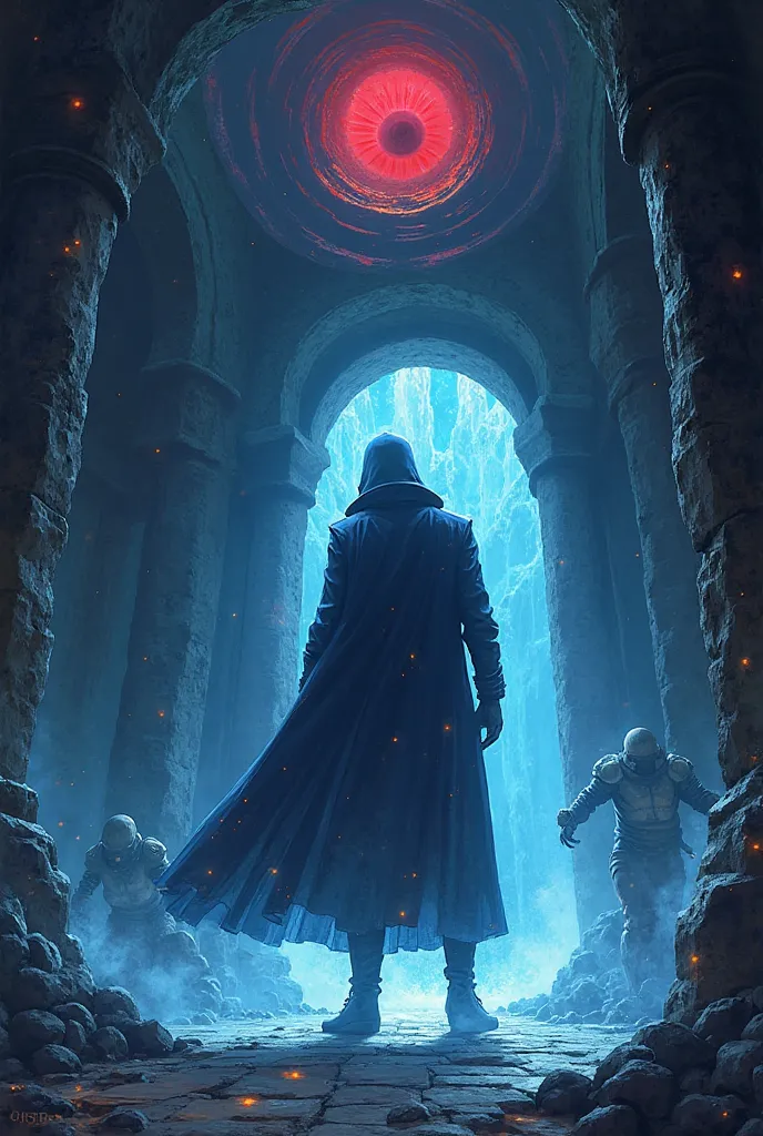 A shadow man dressed in a navy uniform while emitting an aura of ice while seeing adventurers of different fantasy races running through the corridors of a dungeon while above them all you can see a big red eye watching everything

One piece illustration s...