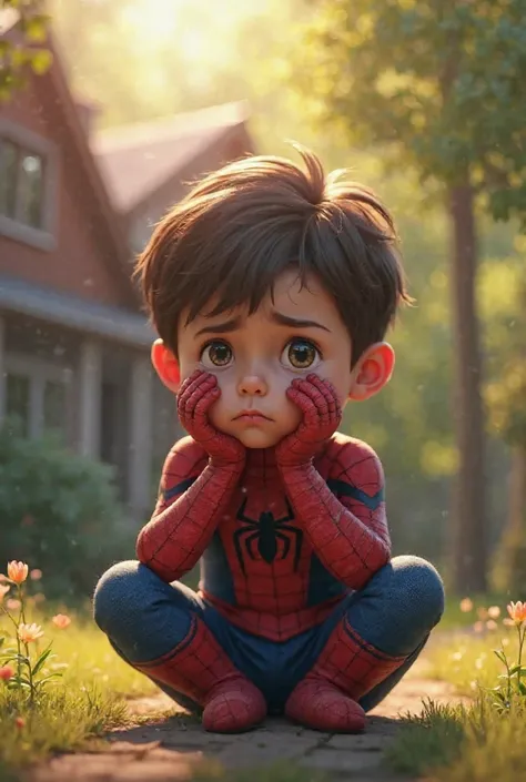 Then, young Spider-Man sat down in front of the house, crying uncontrollably. His small hands were wiping away the tears, but the sadness in his eyes was clear. The bright sunlight from above contrasted with his sorrowful expression. The surroundings, once...