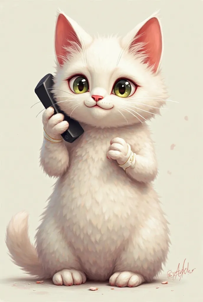 White Cat, With bruised eye , bandaged arm 
From the cap, talking on the cell phone 