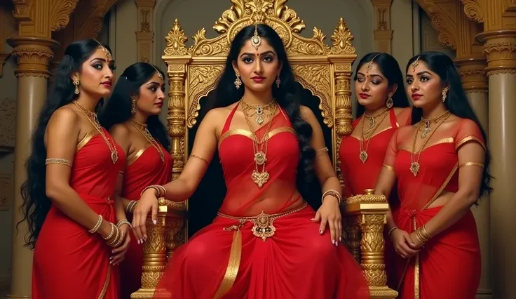 An Indian goddess of lust, she is sitting on her throne surrounded by four of her female maids, she is looking at the viewer with a seductive smile. She has a perfect face, red lips, large firm breasts and an hourglass figure. She is wearing a red transpar...