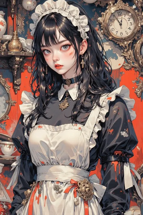 crazy maid woman,She says「As you say」 , detailed decoration such as buttons（ orange）, dirty apron with torn ruffles and blood stains on traditional maid clothes,color scheme is a basic black and white color scheme、red（bloodstained knife）or purple（creepines...