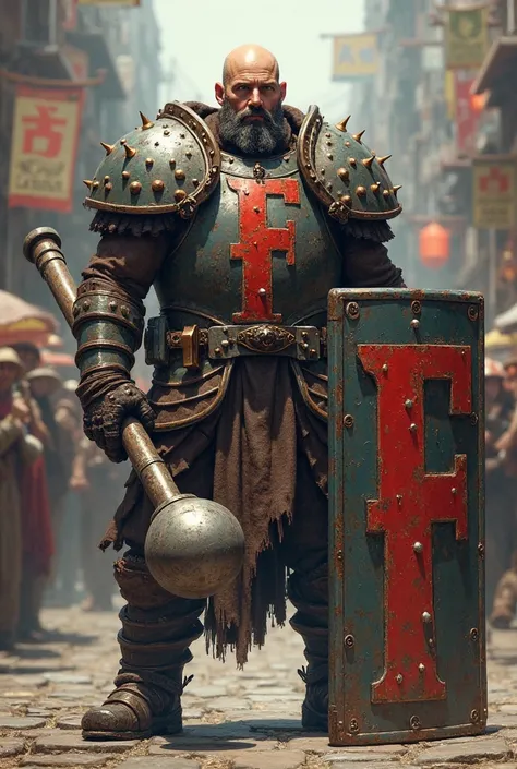 Create a bald man,medium beard,his armor has a large "F written on it",Young, 2, 50 tall . It carries a large steel bar with a round ball and a huge, square shield., with a big "F red written on it". The bald man is standing in a busy city