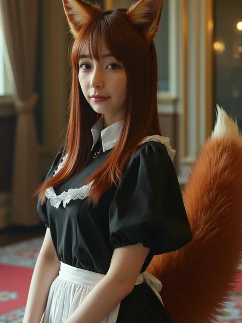 (( top quality made of straw , 8k)), ((Girl with straight brown hair)), (( Photorealistic)), ( masterpiece), Perfect Face , ((Woman with fox ears )), ((That woman has a fox tail )), foxgirl, (Her tail is big  ), ( That beautiful woman is shy), She's a coll...