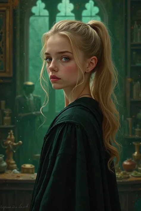 Blonde ponytail hair 5th year slytherin girl black robe