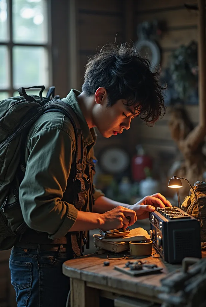 Someone stuffing a backpack with supplies listening to a battery radio