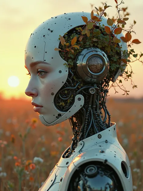 Robot with human characteristics, Plants growing from inside robots, withered decay, ,withered nature, Withered plants and leaves , Dry , Sunset, blurred environmental background , Portrait painting at 8K resolution, Movie style digital art render with mec...