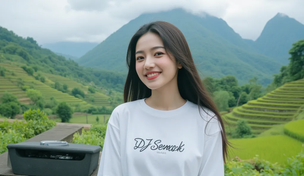 A beautiful Asian woman wearing a hijab, playing a DJ instrument, wearing a long white T-shirt with the words DJ SEMOK written on the chest, and wearing jeans, the woman smiles at the camera, with red lips, with a backdrop of rice fields and mountains typi...