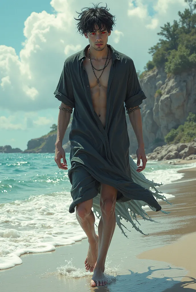 A young man with an olive complexion with a chalky pallor, and black hair that reaches his shoulders. He is described as lean and stands 6'3 ft tall. He has red eyes long legs wearing summer clothes near the ocean walking