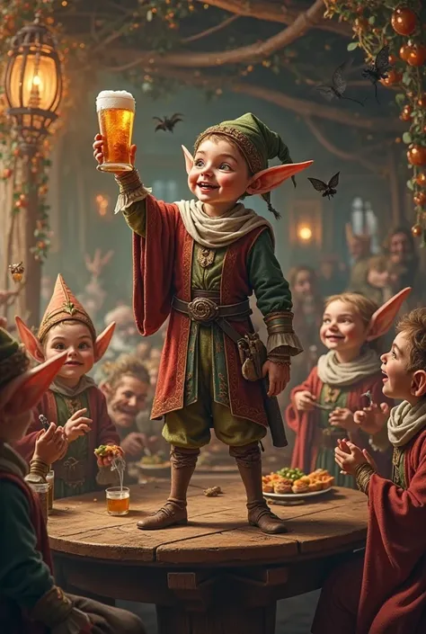 Create for me an unrealistic medieval image of a short male elf with a pointed hat standing on a table with a glass of beer in his hand inside a tavern with many other elves celebrating him 