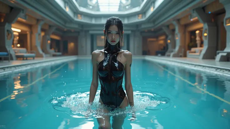 full body photo, (((HD photo))), ultra high res.photorealistic:. 1.4, UHD, masterpiece,   Skinny 18 year old   sexy Romulan  female  (Korean)  wearing all black shiny wet-look   spandex bodysuit   .   Swimming in   a swimming pool on board a gigantic space...