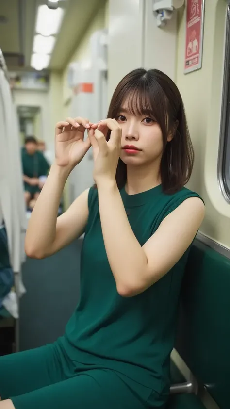 A Chinese woman sitting on an empty seat in a Japanese train, wearing a green dress. She is facing the camera and closing one eye while making a heart shape with her hands. The train is quiet, with no other passengers visible in the scene. The lighting is ...