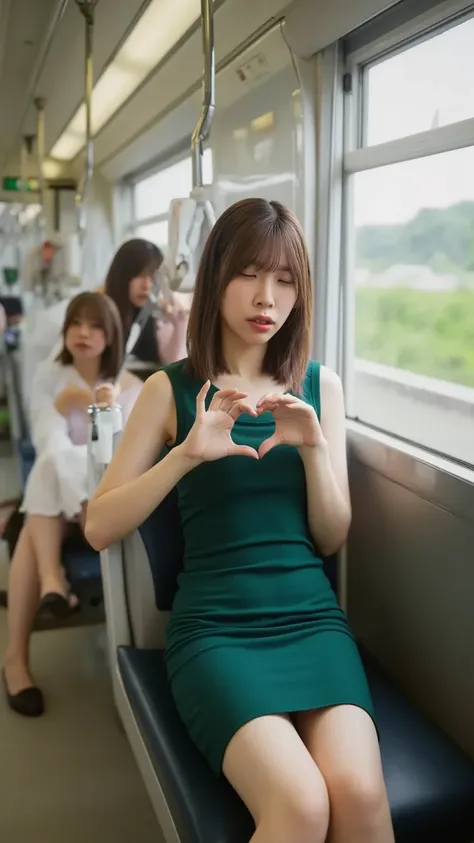 A Chinese woman sitting on an empty seat in a Japanese train, wearing a green dress. She is facing the camera and closing one eye while making a heart shape with her hands. The train is quiet, with no other passengers visible in the scene. The lighting is ...