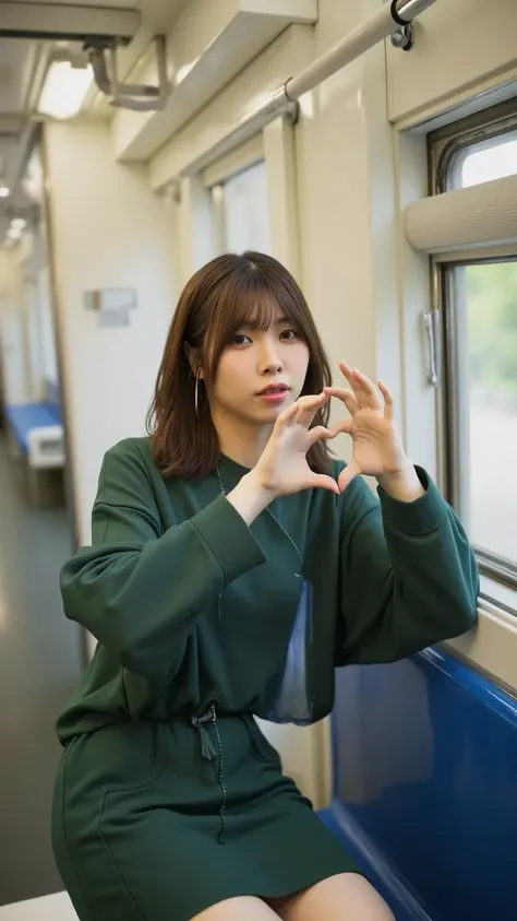 A Chinese woman sitting on an empty seat in a Japanese train, wearing a green dress. She is facing the camera and closing one eye while making a heart shape with her hands. The train is quiet, with no other passengers visible in the scene. The lighting is ...