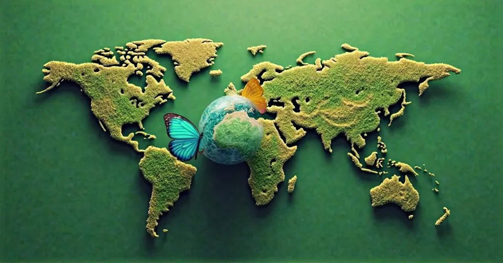 photo with solid background of the continents in the color green next to planet Earth and a butterfly landing on it