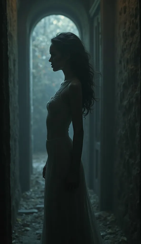 A feminine silhouette in a dark corridor. The face is a smooth surface, No dashes, but the feeling of an invisible smile is inescapable