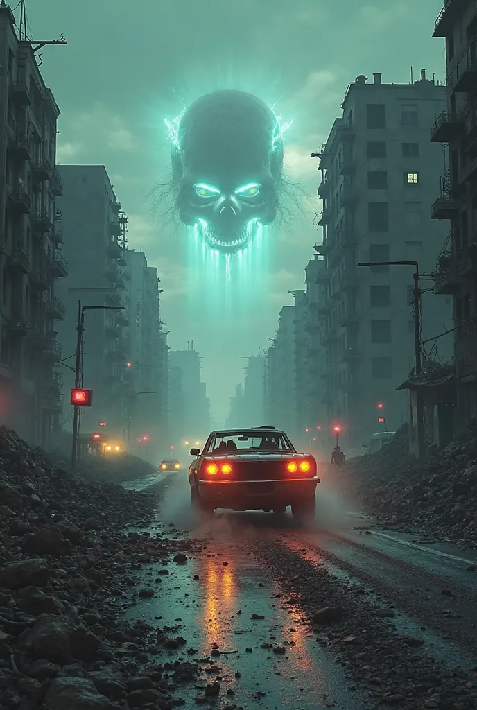 Car leaving a destroyed city, ao longe, Alien lights