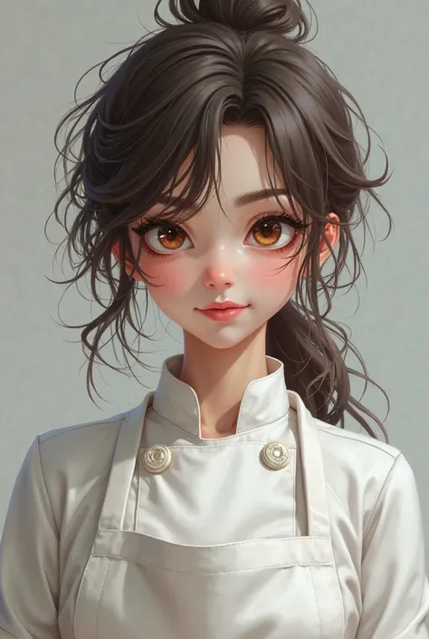 Girl with dark brown and frizzy hair, brown eyes, white skin.  is  , and is dressed as a chef. He also has a sarcastic expression. 