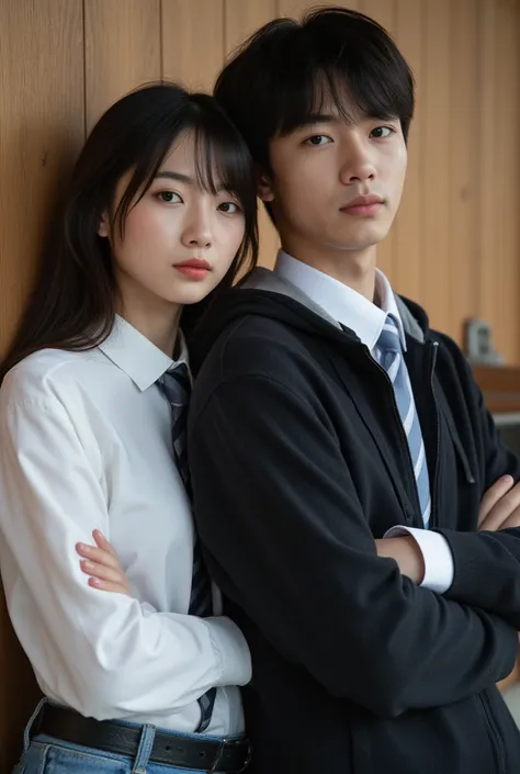 (8k, RAW photo:1.2), (Japanese man and woman:1.5), 18 y.o, detailed face and eyes, high quality, high resolution, very detailed, both leaning on wooden wall, the woman wearing white collared shirt and necktie on the inside, the man wearing unzipped dark ho...