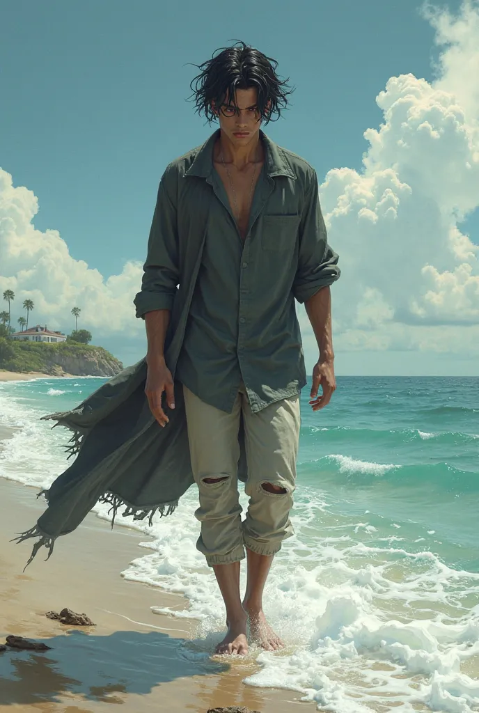 A young man with an olive complexion with a chalky pallor, and black hair that reaches his shoulders. He is described as lean and stands 6'3 ft tall. He has red eyes long legs wearing summer clothes near the ocean walking