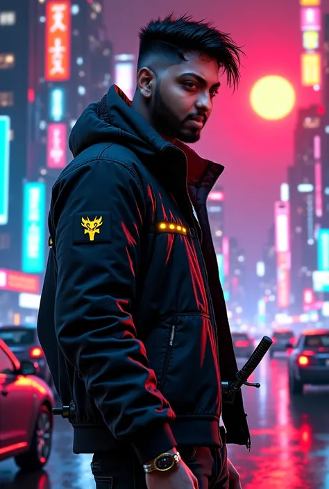 Character wearing a futuristic black cyberpunk themed Neon jacket standing in a futuristic night city, the jacket also has small yellow lights on it. Character has a cyberpunk themed black hair with taper fade and undercut with art. Character also has a ni...