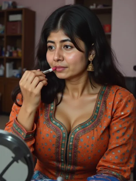 Wearing ethnic multicolored kurta with cleavage, (close up shot), sitting in front of a mirror and ((applying lipstick)), ((wearing lipstick)), detailed indian messy room in background, UHD, masterpiece, accurate, anatomically correct, textured skin, super...