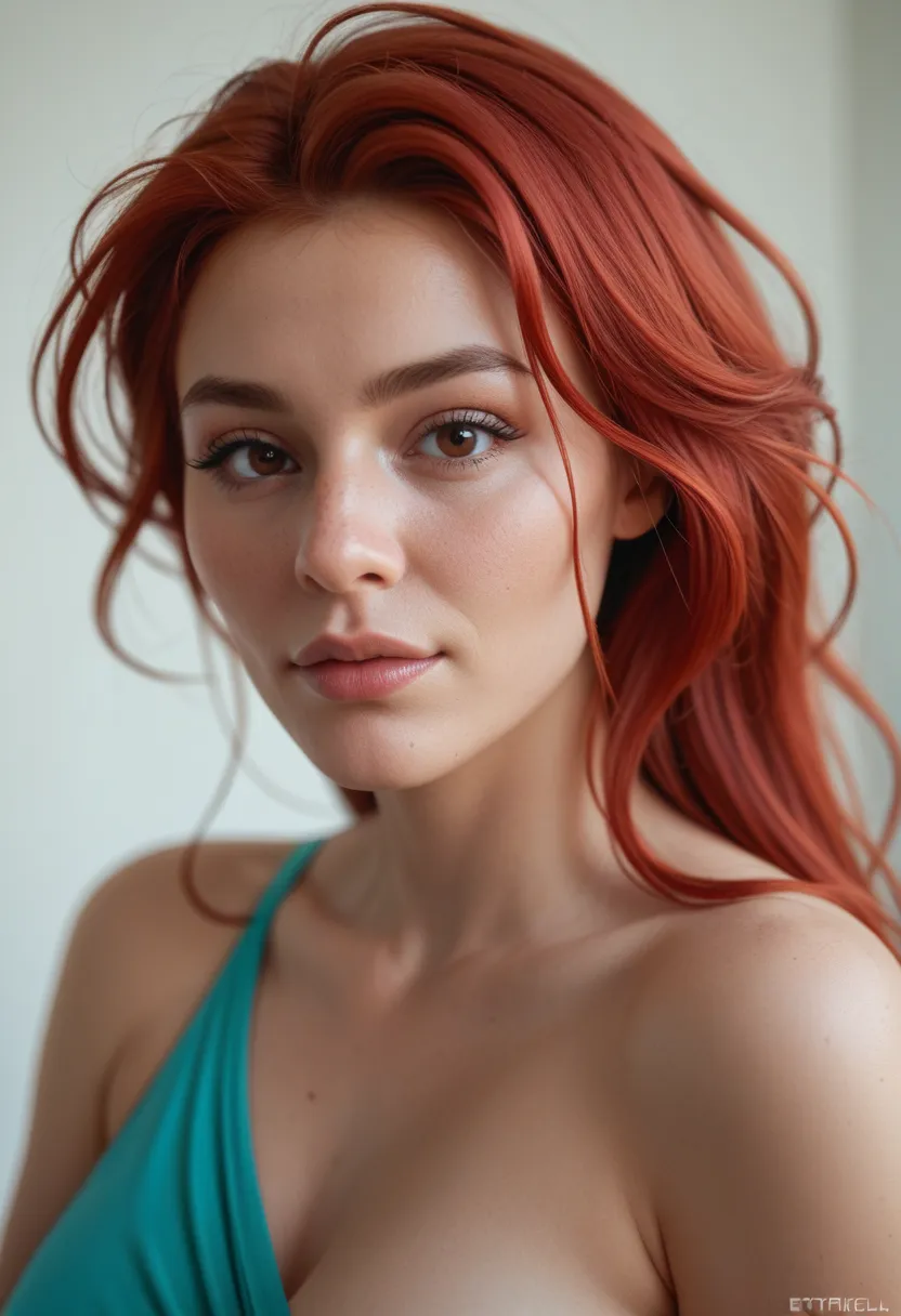 portrait, looking at viewer, red hair, brown eyes, clear skin, one breast out, unique facial features, endearing imperfections, atypical beauty, big nose, charmingly natural, second choice, never asked to dance, average looks