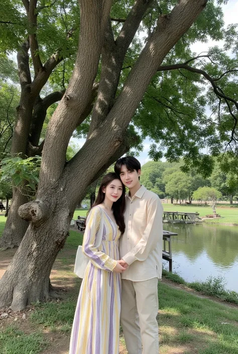 Young Korean couple standing near big tree in park.The woman is wearing a long sleeve dress with yellow and purple stripes, while the man is wearing a beige shirt and trousers. They appear to be facing the foreground looking towards the camera and look hap...