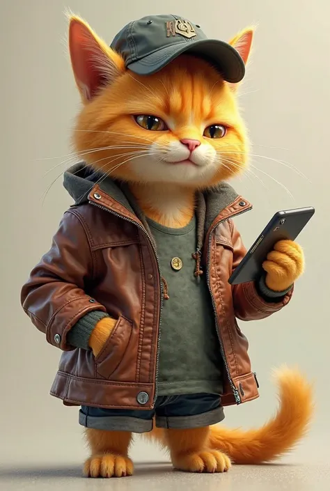 Yellow cat, Wearing a cap and leather jacket with a bruised eye. 
with a cap, talking on the cell phone 