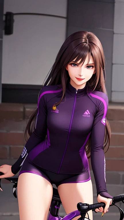 woman , long hair brown, normal, dark, she is solo, from alternative world ,best quality, realistic, cycling (full dark purple color) suit and cycling sports black shorts, she is stand , smile, red lipstick , 