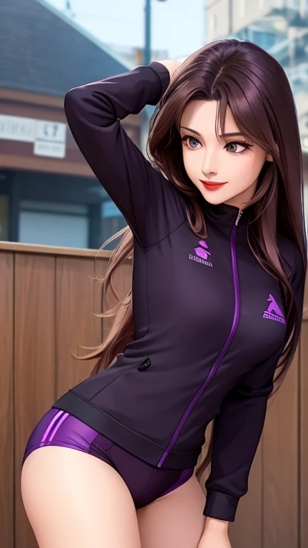 woman , long hair brown, normal, dark, she is solo, from alternative world ,best quality, realistic, cycling (full dark purple color) suit and cycling sports black shorts, she is stand , smile, red lipstick , 