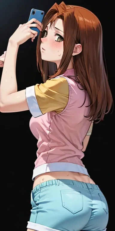  1 female,high definition,high resolution,  ultra-realistic  ,8K,serenidaddm ,  gray eyes, long hair, Brown hair,   pink shirt , blue shorts,European,sexy,Primer plano de la parte superior del cuerpo, photographed from the front , Dynamic Angles ,blush, sm...